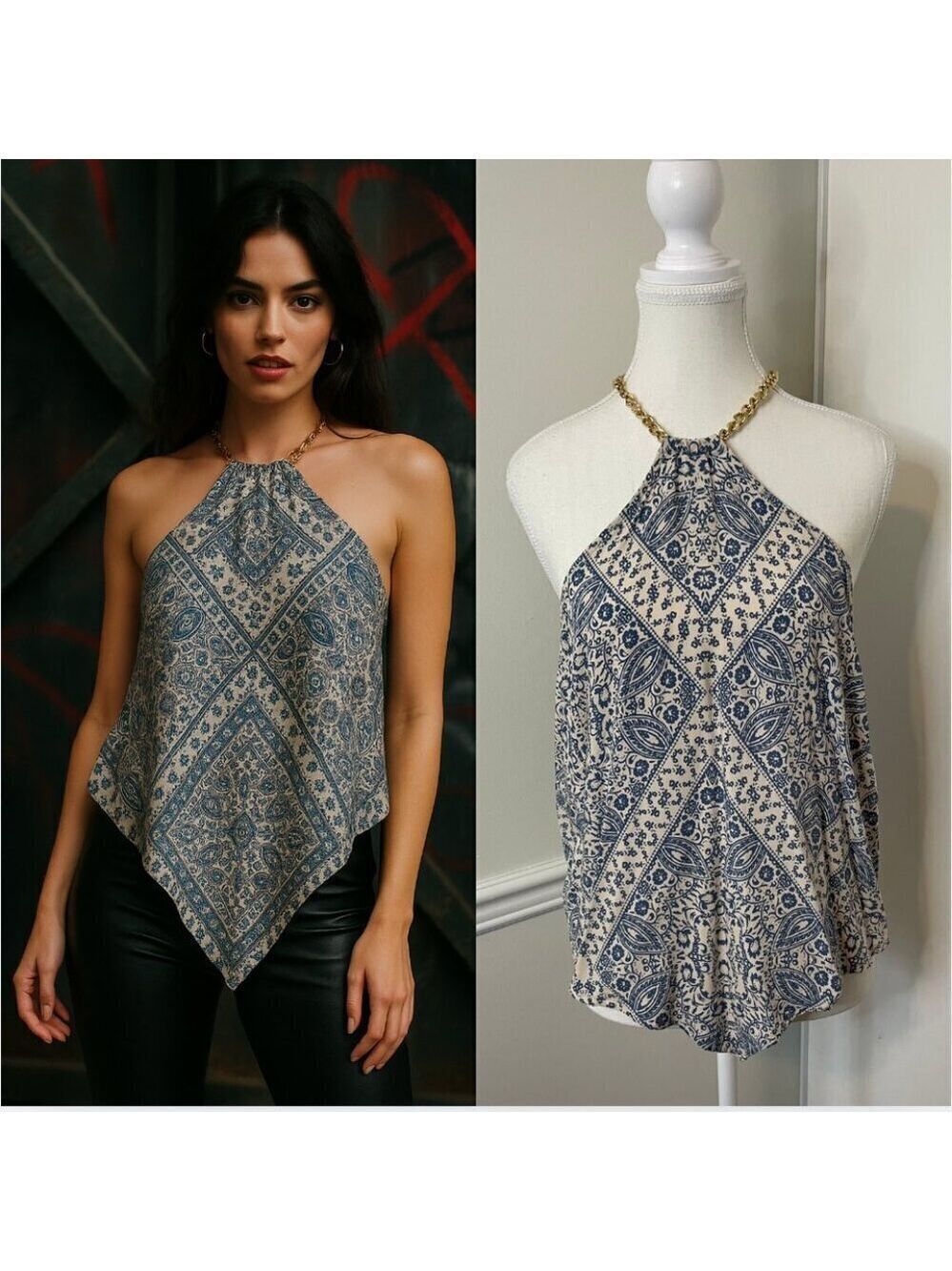 Eloquii Scarf Print Top with Chain Neckline